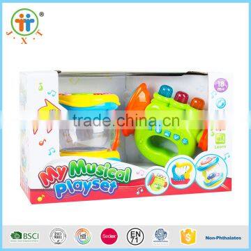 Strong ABS material cartoon musical play set,music drum & harp or prumpet & drum