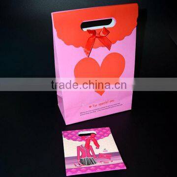 Pink heart shape printed packaging shopping bag paper