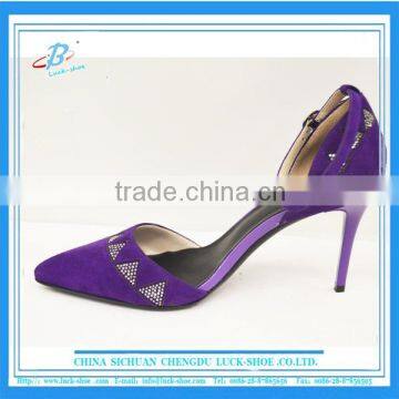 Elegant purple suede leather women dress shoes thin heel sexy crystal party queen shoes