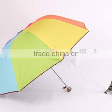 3 fold black gel coated colorful lady Parasol Umbrella, pagoda rainbow umbrella