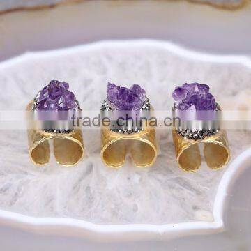 Natural Amethyst Quartz Ring Paved Zircon Amethyst Stone Druzy Ring