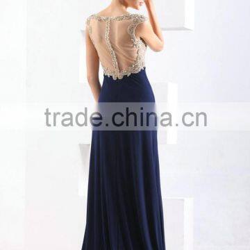 Sexy Elegant High Tall Beaded Cap Sleeve Navy Blue Long Evening Dress China photo-3