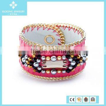 Hot European Charms Pink Goatskin Leather Crystal Glass Beads Bracelet