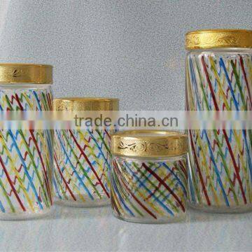 high quality 4pcs round glass canister with hand colored drawing