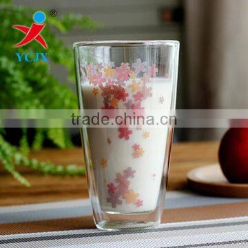 Clear Flower Double Layer Glass Milk Cup with Glass Lid