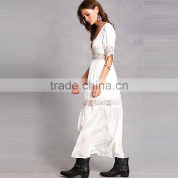 2017 Summer V Neckline Lace Long Dress Short Sleeves White Floral Maxi Lace Dress Hsm9125 photo-2