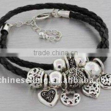 leather bracelet, charm bracelet, heart charm bracelet for Valentine Day, friendship bracelet