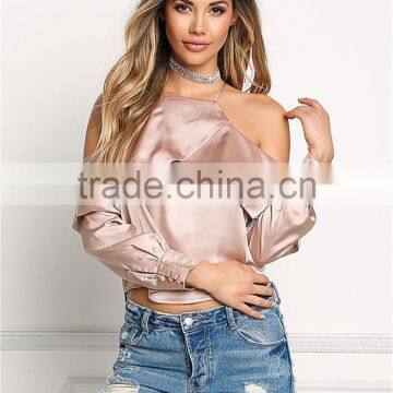 MGOO 2017 Latest Designs Women Satin Blouses Tops Plain Fashion Off Shoulder Crop Custom Ruffles Shirts photo-5