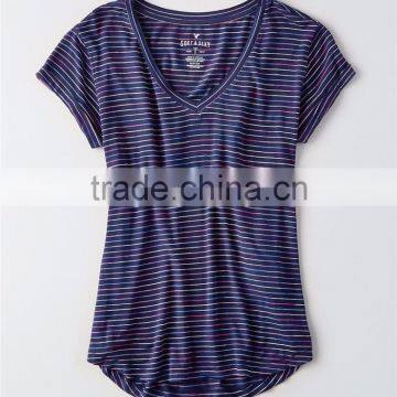 MGOO Factory Supplied Deep V Neck Curved Hems T Shirts Women Stripe Sublimation Printing T Shirt photo-3