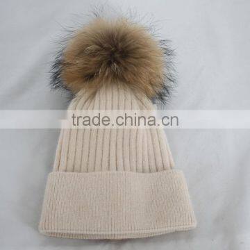 Myfur Wholesale Classic Beige Angola Rabbit Custom Knitted Pom Beanie Hat With Fur Pom