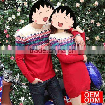 Latest Design Winter Cotton Color Block Long Sleeve Folk Couple Knit Sweater photo-3