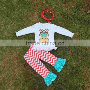 new design Chrismtas clothes white top sets baby girls long sleeve pant sets kids reindeer sets with headband