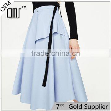 2017 OEM Spring Pure Wathet Blue Layered Long High Waisted Skirts