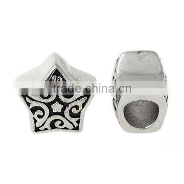 304 Stainless Steel European Style Large Hole Charm Beads Star Silver Tone Flower Carved Black Enamel About 12mm x 12mm photo-3