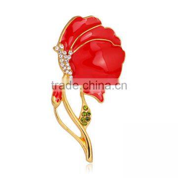 Red Jewelry Gold Tone British Poppy Crystal Brooch Flower Pin with Leaf Souvenir