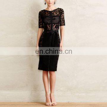 Custom Made Tie Waist Short Sleeve Black Floral Lace See Through Fashion Midi Dress