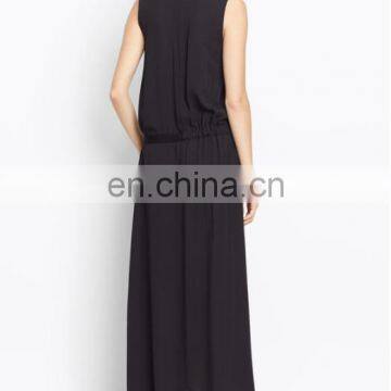 Plain Black Casual Flare Maix Dress v Neck Sleeveless Tie Waist Dress for Woman photo-2