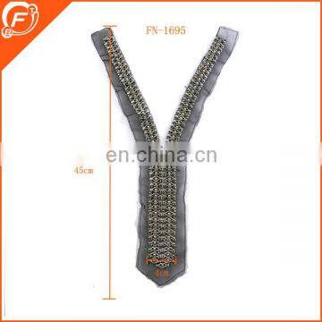 fashion zipper shape lace collar with glass beads for lady dress/gament