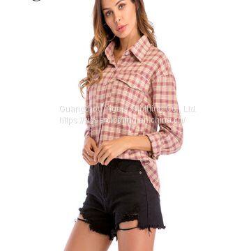 Long Sleeve Plaid Ladyies\' Shirt with chest pocket