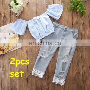 Kids off-shoulder Outfits Girls short sleeve blue tops + long Pant 2pcs Set Summer Costume