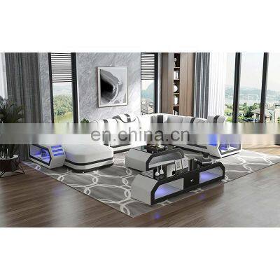 Home furniture luxury Italian designs white sofa living room sectional leather sofa with LED lights