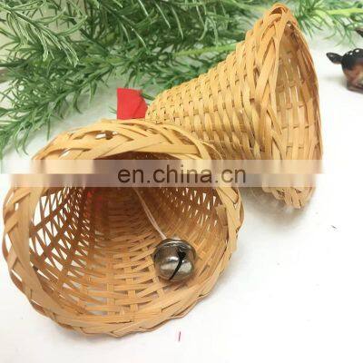 Mini Decor Two Wicker Bell Ornaments With Jingle Bells Clappers and Red Ribbon Bow Tie