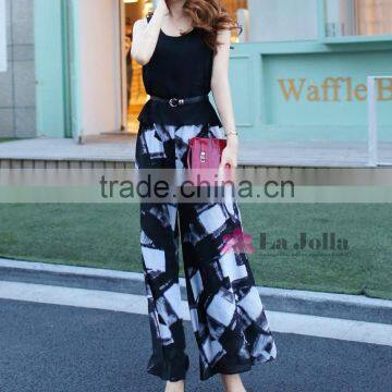 2016 Hot ladies elegant black fashion chiffon wide-legged pants suit