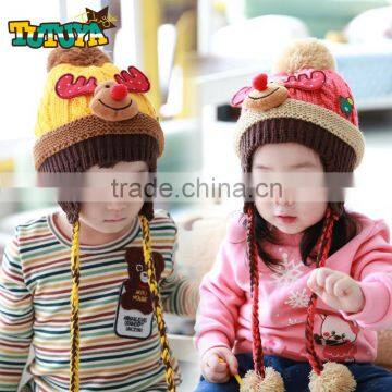 Newest Christmas Tree and Deer Head Applique Pigtail Pom Pom Baby Kids Knitting Winter Caps and Hats