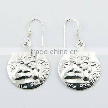 Embossed Discs Silver Putti Dangle Earrings