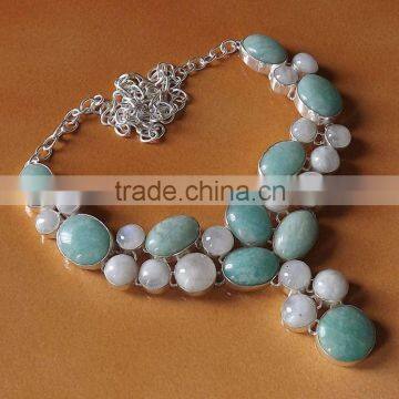 Amazonite, Rainbow Moonstone Necklace plated 925 Sterling Silver 85 Gms 18-20 Inches