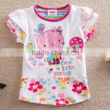 2-6T (S63145#White)Start Kids clothing wholesale summer baby wear kitty cat appliqued t shirt