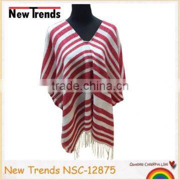 Fashion Red & White Stripes Woven Pashmina Winter Shawl With Fringes
