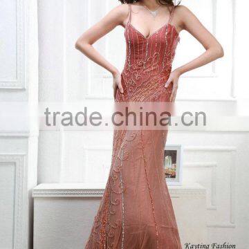 Charming Spaghetti Strap Embroidered Flower Pattern Evening Long Dress