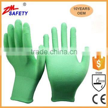 EN388 Certified Green Polyester Shell Green PU Dipped Glove for Mechanic Workplace Safety