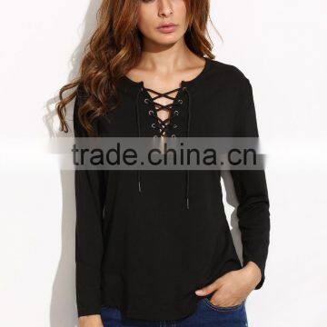 Black V Neck Lace Up Curved Hem T-shirt