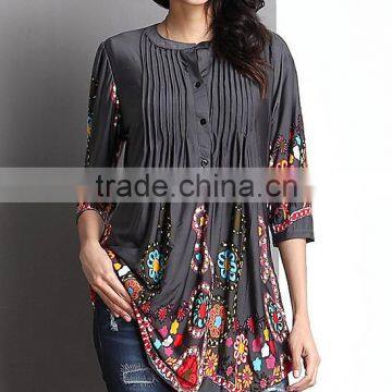 2016 New Women Tops With Charcoal Garden Notch Neck Pin Tuck Tunic Women Blouse Women Clothing GD90426-4 photo-2