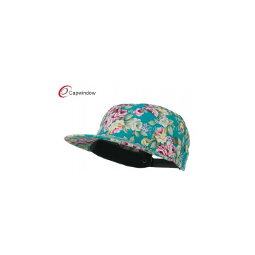 Red 5 Panel Flat Bill Cotton Baseball Caps with Flower Print Patterns / Buckle Strap Closure