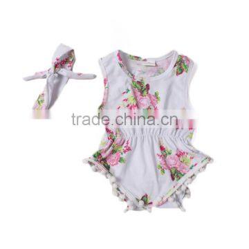 New arrival summer style cute young girls plain knit cotton floral white baby romper