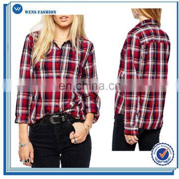 Women Long Sleeve With Two Front Pocket Red Checkered Button Down Shirt