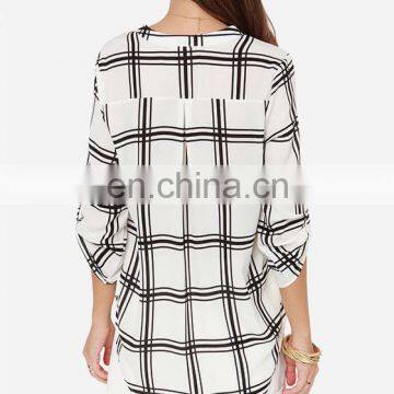 CHEFON Roll Tab Half Sleeve Deep v Neck Plaid Print Fashion Patterns of Chiffon Blouses photo-3