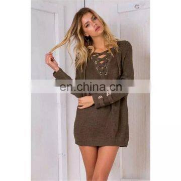 New Design V-neck Straps Women Sweater Long Sleeves Sweater for Ladies KMY1080