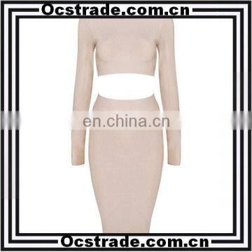 2016 New Arrival Long Sleeve Knee Length Sexy 2 piece bandage dress women