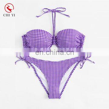 Tie Side Halter Gingham Print Bustier Bikini Set