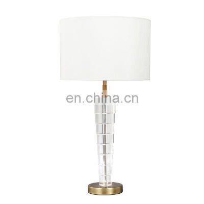 Luxury Slub Crystal Table Lamp for Hotel Villa with Copper Base White Linen Lampshade