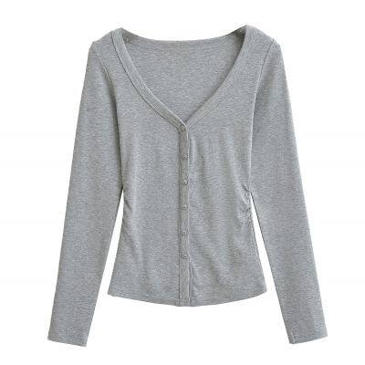 Button pleated lace-up long-sleeved T-shirt women's 2025 autumn new slim design sense undershirt top trend