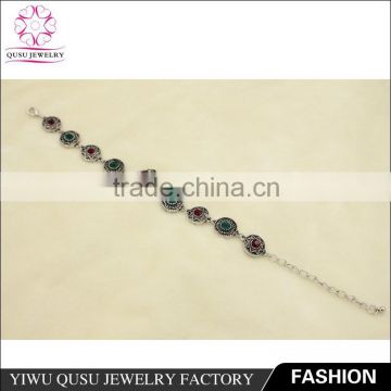 2015 Yiwu new products antique silver plated bracelet with rhinestone and garnet imitation jade