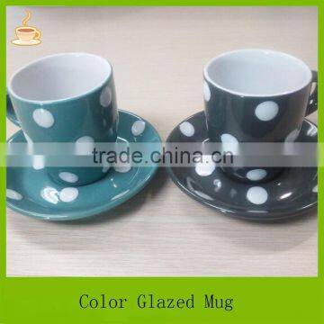 Samll Size Porcelain Coffee Mug With Saucer Set, Black and Green Color Glazed With White Dots photo-2