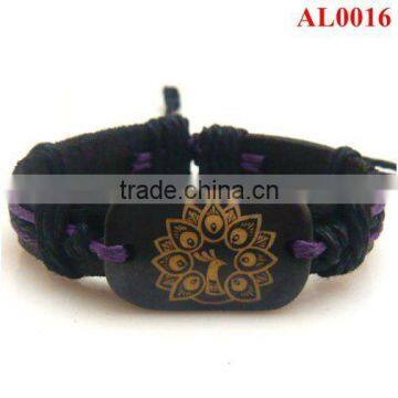 Retro bracelet, Adjustable black&purple cord handmade bracelet with a black ox bone AL0016