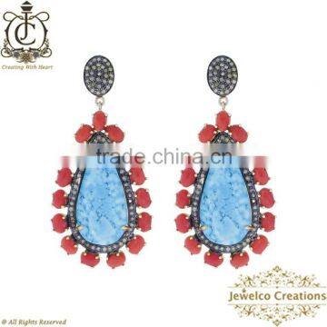 925 Silver Gemstone Jewelry, Coral & Turquoise Gemstone Earrings, Gemstone Fashion Earrings, Natural Diamond Pave Earrings