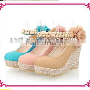 Fashion designer wood pearls ankle strip big flower wedge heel women shoes